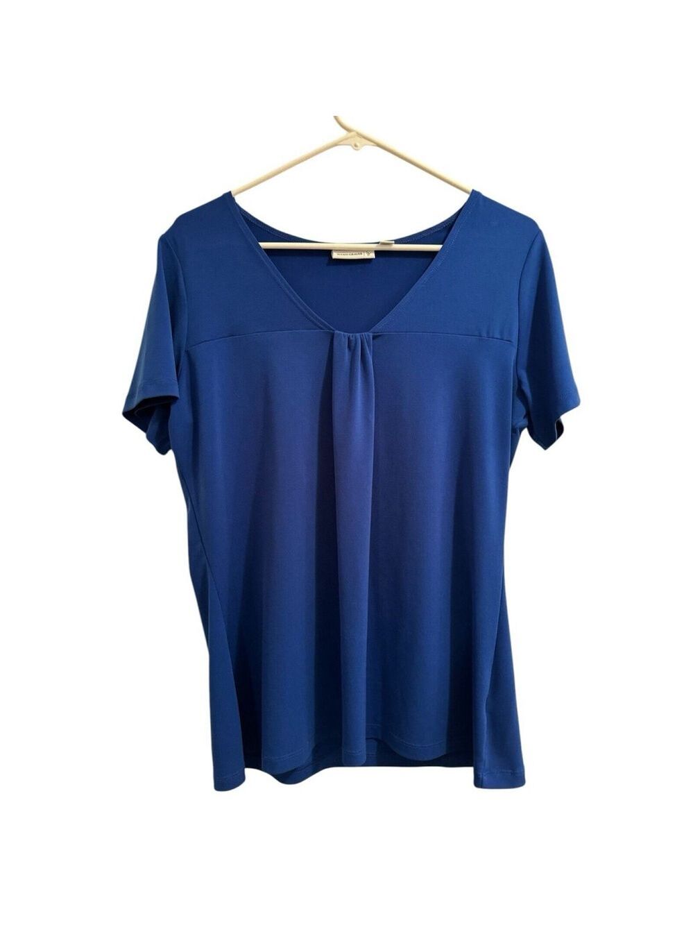Susan Graver V-Neck Career Blouse Womens Size Small Royal Blue Short Cap Sleeves